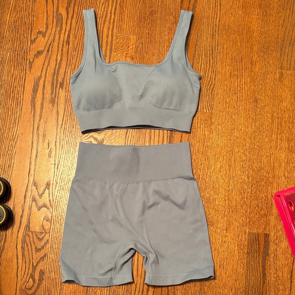Seamless Blue Ribbed Bralette and Shorts Set